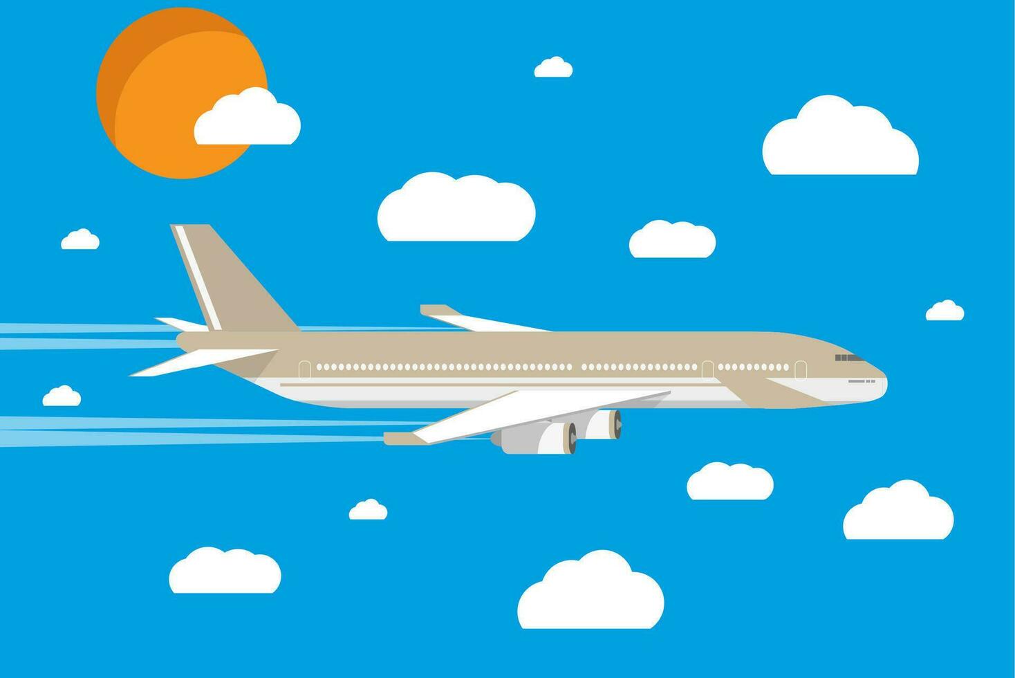 picture of a grey civilian plane with clouds and sun. vector illustration in flat design. travel concept