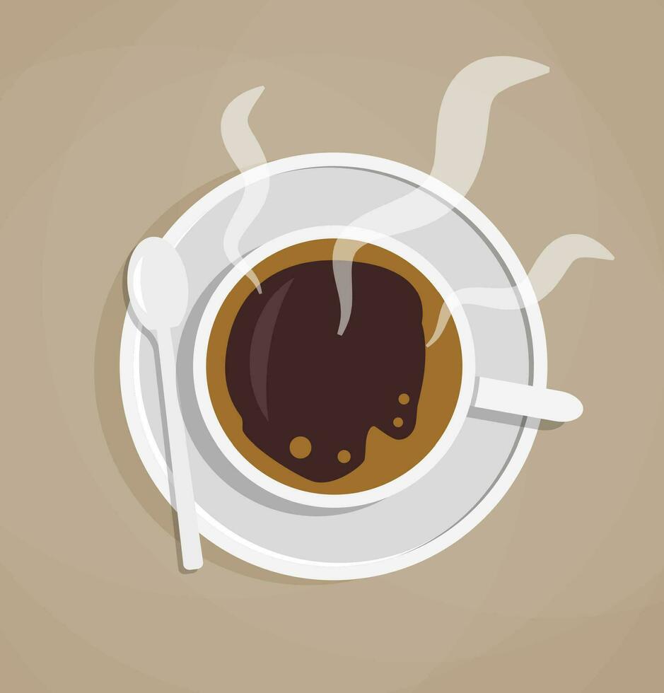 cup of hot coffee. coffee break, crockery for coffee, time out on work. vector illustration in flat design on brown background