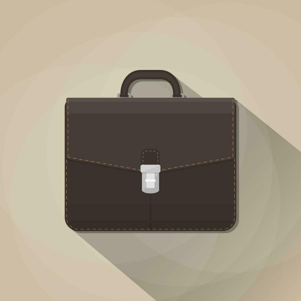 Classic modern brown leather business briefcase with long shadow. vector illustration in flat design on brown background