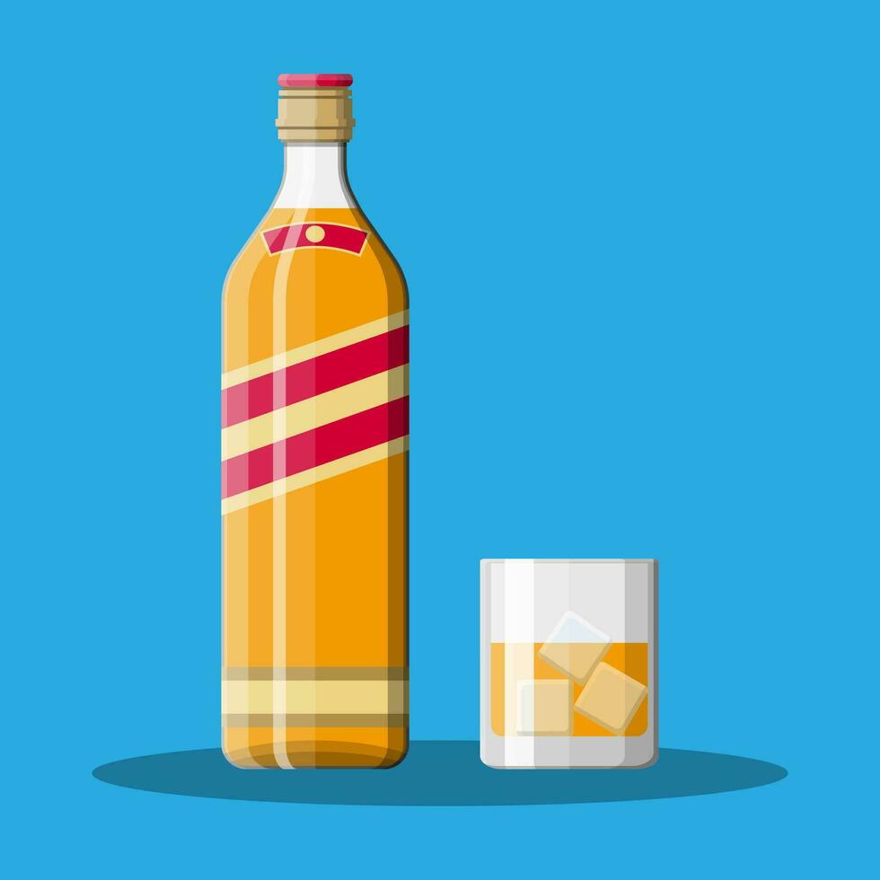 Bottle of bourbon whiskey and glass with ice. Whiskey alcohol drink. Vector illustration in flat style