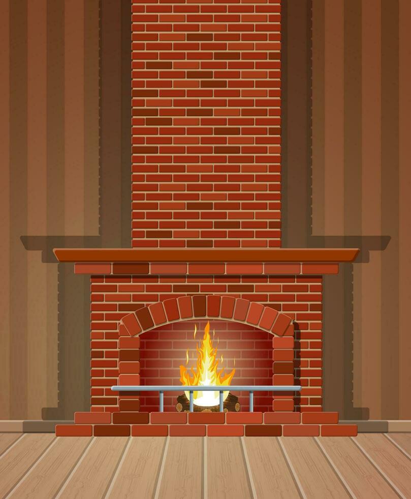 invierno interior hoguera. clásico hogar hecho de rojo ladrillos, brillante ardiente fuego y latente registros adentro. hogar hogar para comodidad y relajación. vector ilustración en plano estilo