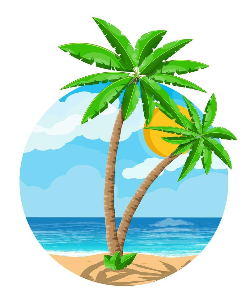 Landscape of palm tree on beach. Sun with reflection in water and clouds. Day in tropical place. Vector illustration in flat style
