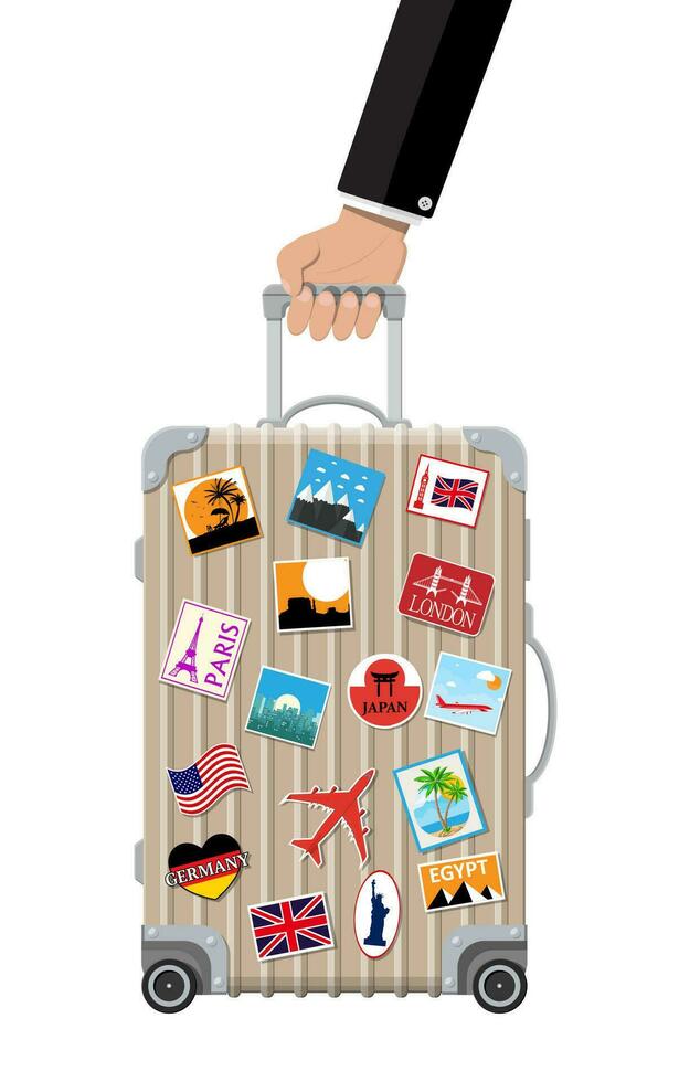Travel bag in hand. Plastic case with stickers. Trolley on wheels. Labels of countrys and citys all over the world. Baggage and luggage. Vector illustration in flat style