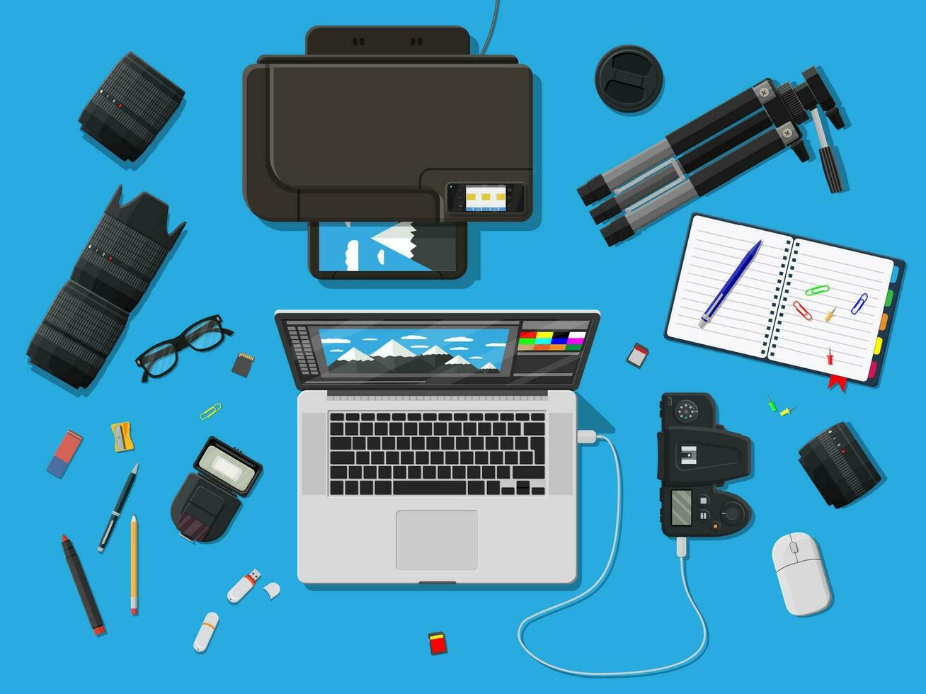 Workspace of photographer. Laptop pc, printer. Modern photo camera, flash, lens and memory card. Professional device for photography. Digital photos and printing. Vector illustration in flat style