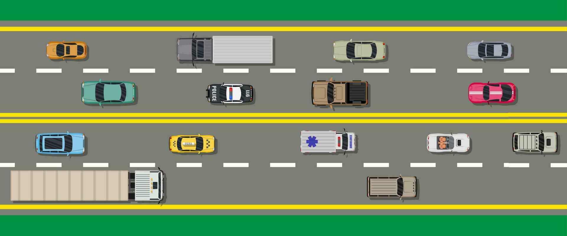 Collection of various vehicles on road. Roadster, taxi, police SUV, ambulance, sedan, truck. Car for transportation, cargo and emergency services. Highway top view. Vector illustration in flat style