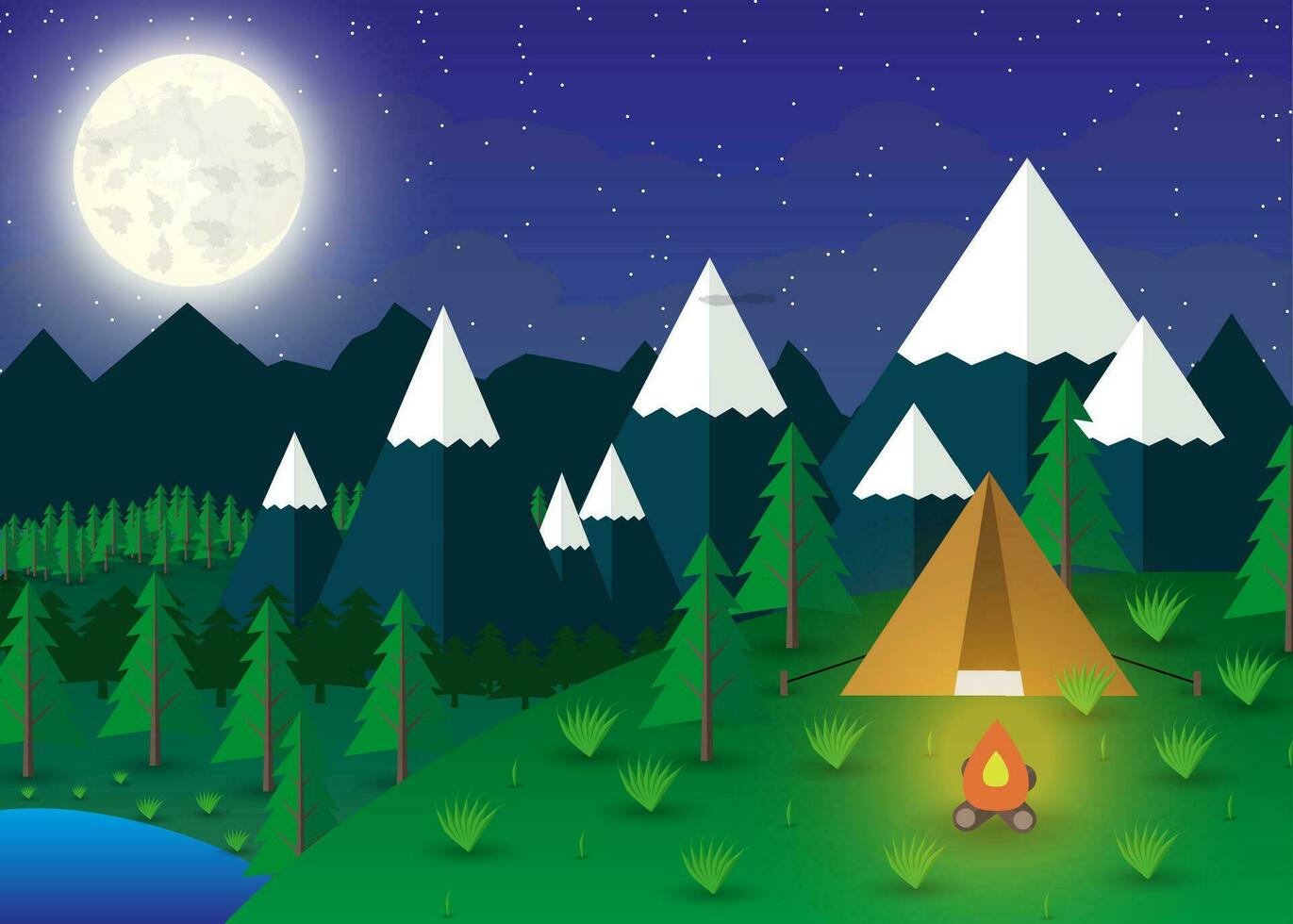 Summer Campsite with a campfire in night time, Lake, Forest, Mountains, Sky, clouds, moon. travel and vacation concept. vector illustration in flat design