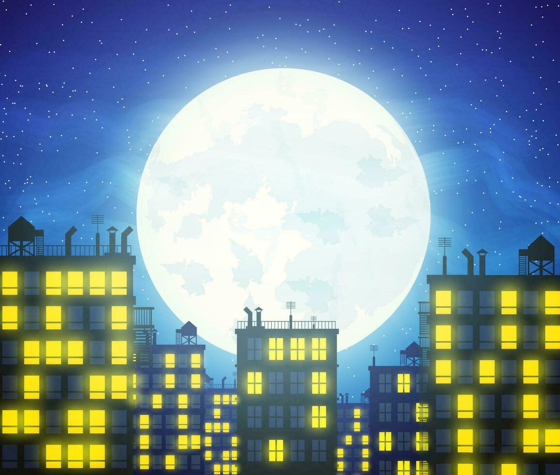 Silhouette of the city, buildings rooftops and cloudy night sky with stars and moon. vector illustration