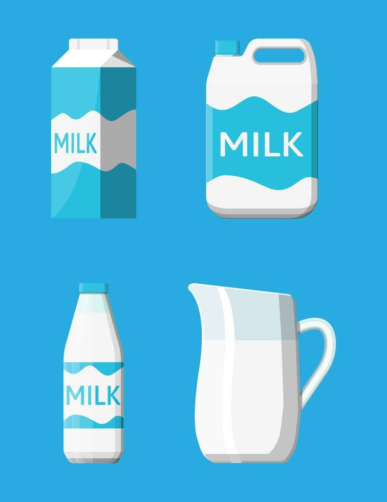 Milk set isolated on blue. Milk dairy drink. Glass bottle, paper packet, ceramic jug and plastic container. Organic healthy product. Vector illustration in flat style