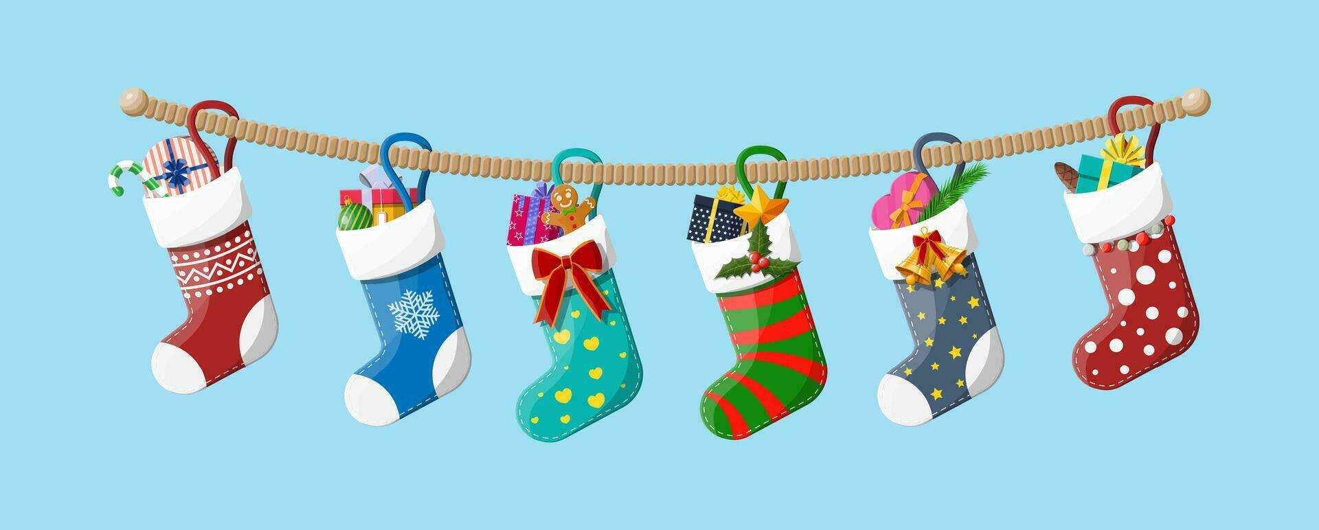 Christmas sock stocking on rope with holly, gift box, gingerbread man, glass ball candy cane. Happy new year decoration. Holiday new year and xmas celebration. Vector illustration flat style