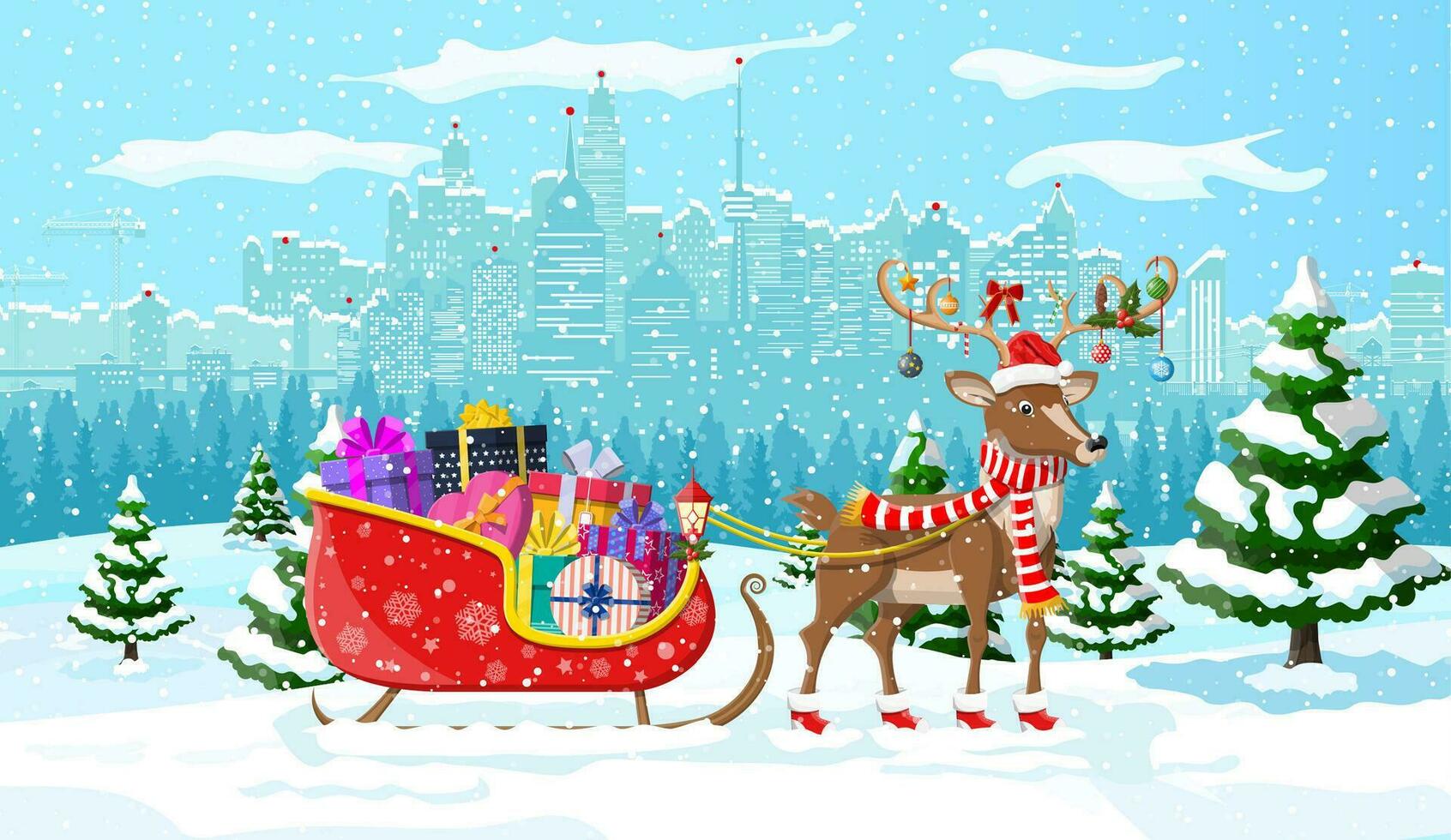 Santas reindeer sleigh with gifts. Christmas winter cityscape, snowflakes and trees. Happy new year decoration. Merry christmas holiday. New year and xmas celebration. Vector illustration flat style