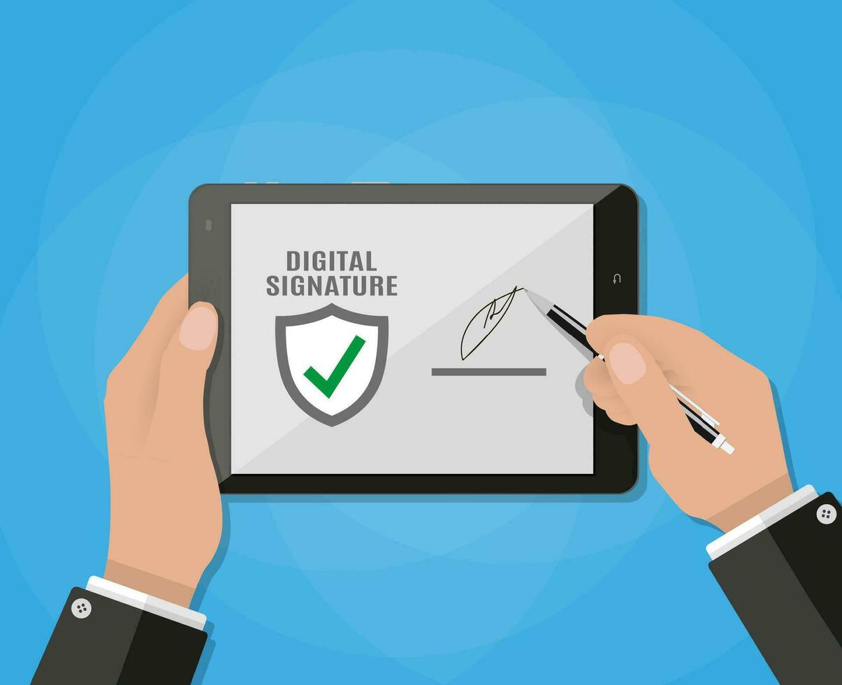 Businessman Hand Sign Digital Signature on tablet. vector illustration in flat design on blue background