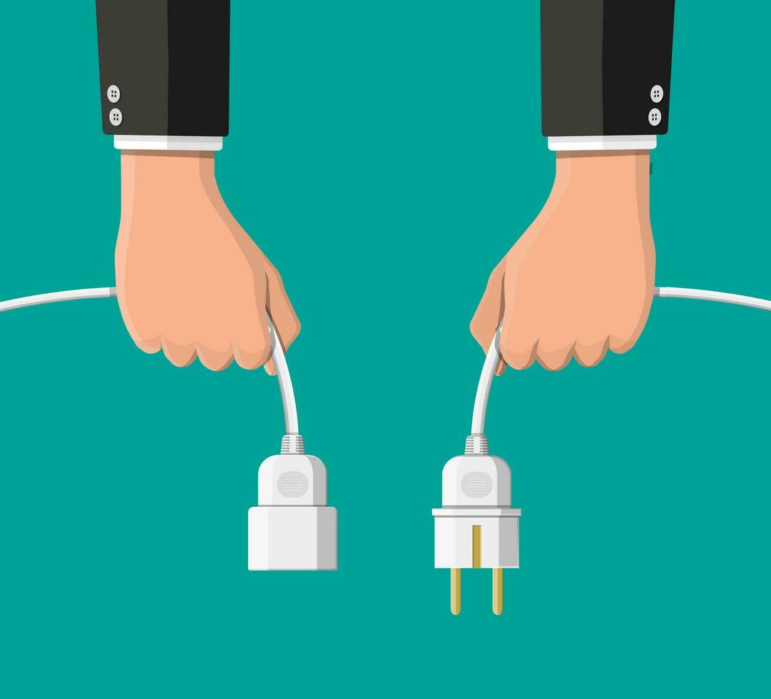 Electrical outlet and plug in hands unplugged. 404 error, page not found, connection error or time out. Vector illustration in flat design.