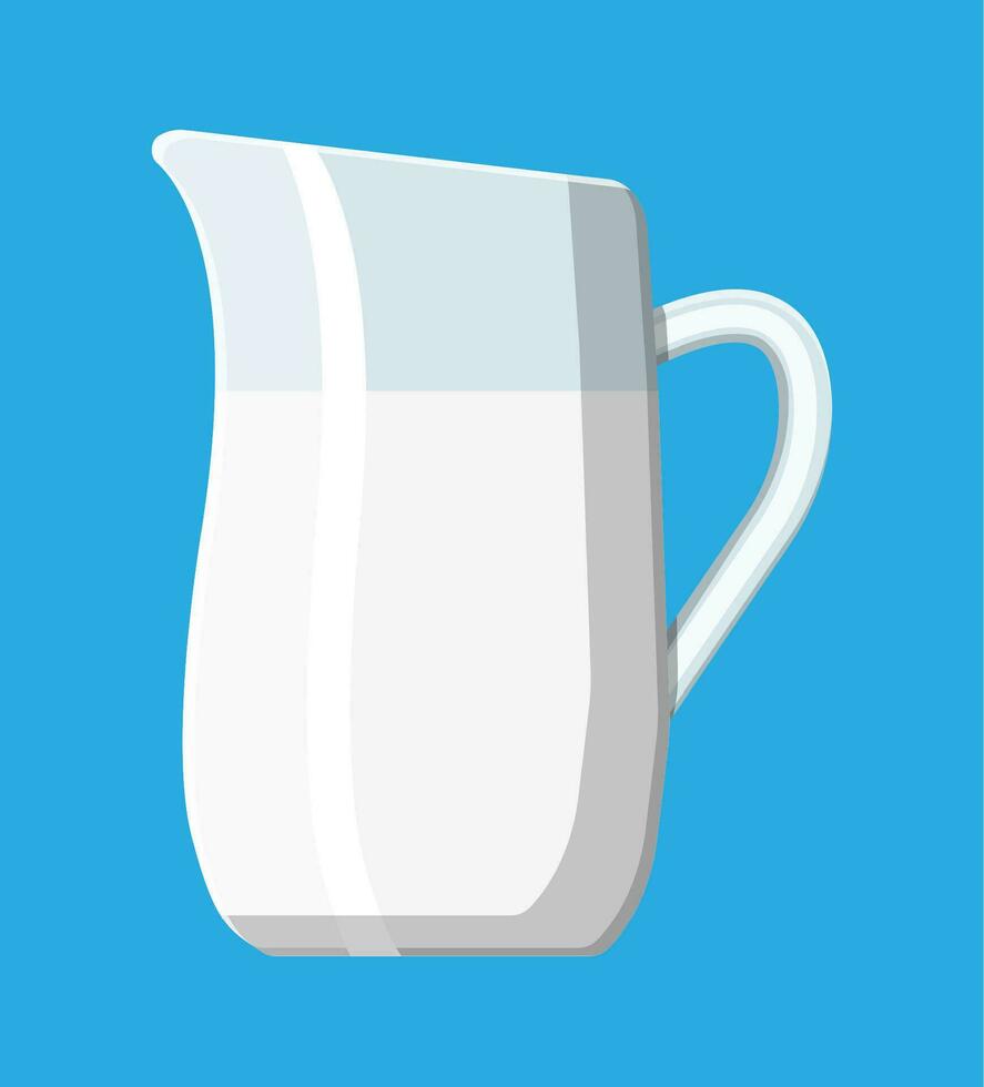 Ceramic jug with milk isolated on blue. Milk dairy drink. Organic healthy product. Vector illustration in flat style