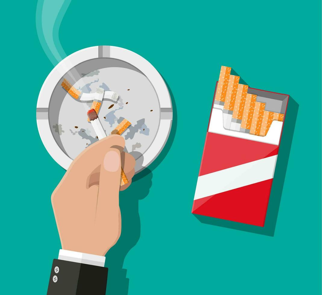 White ceramic ashtray full of smokes cigarettes. vector