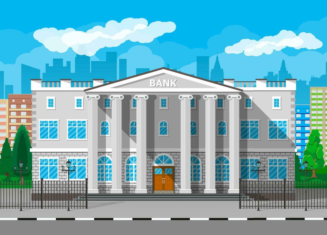 Bank building with city skylines and trees behind. Road, fence, street lamp. Blue sky with clouds. Vector illustration in flat style