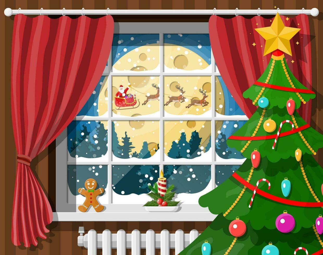 Santa claus and his reindeer in window. Interior of room with christmas tree. Happy new year decoration. Merry christmas holiday. New year and xmas celebration. Vector illustration flat style