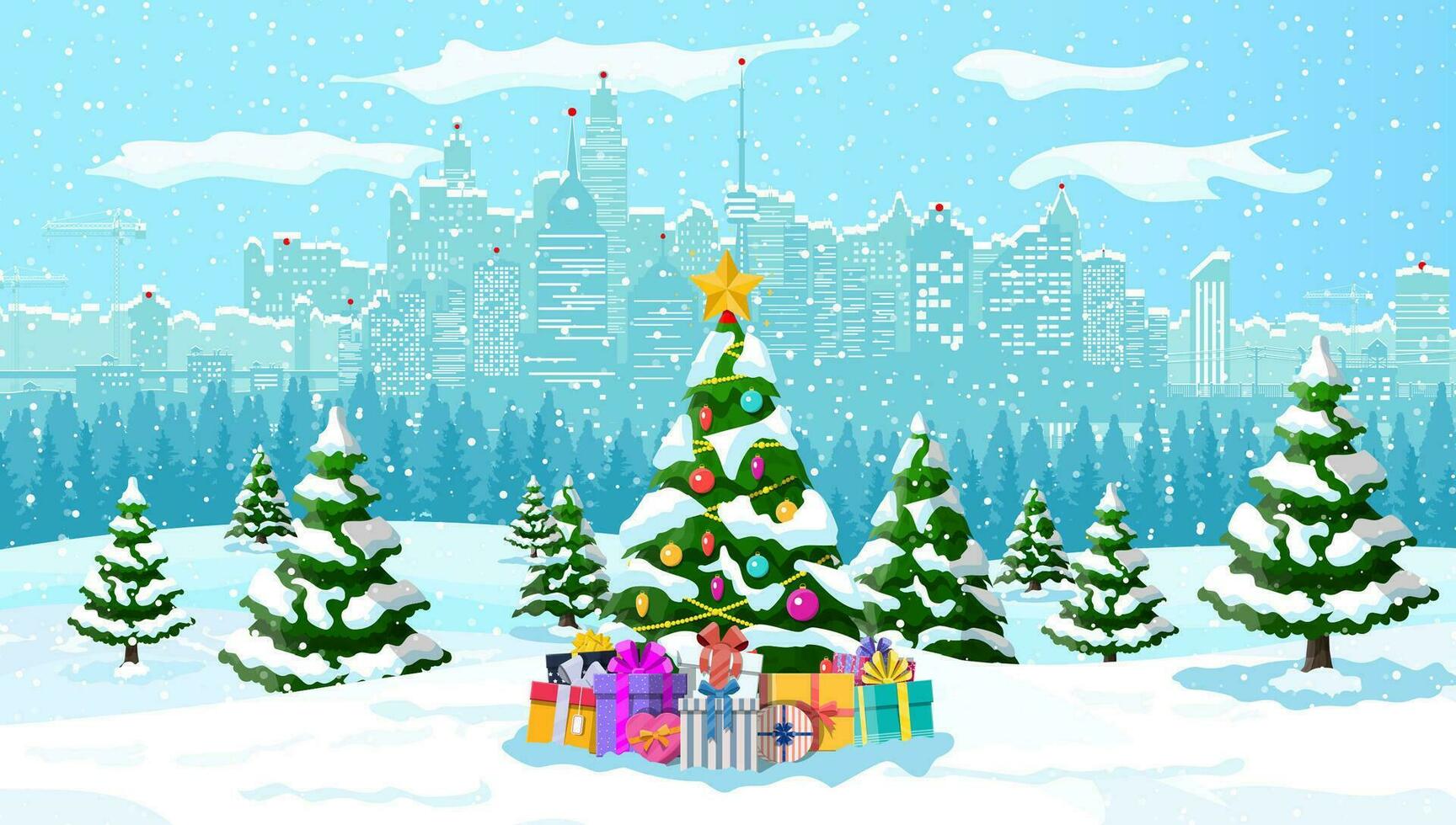 Christmas winter cityscape, snowflakes and trees. City park snow alley and buildings. Happy new year decoration. Merry christmas holiday. New year and xmas celebration. Vector illustration flat style