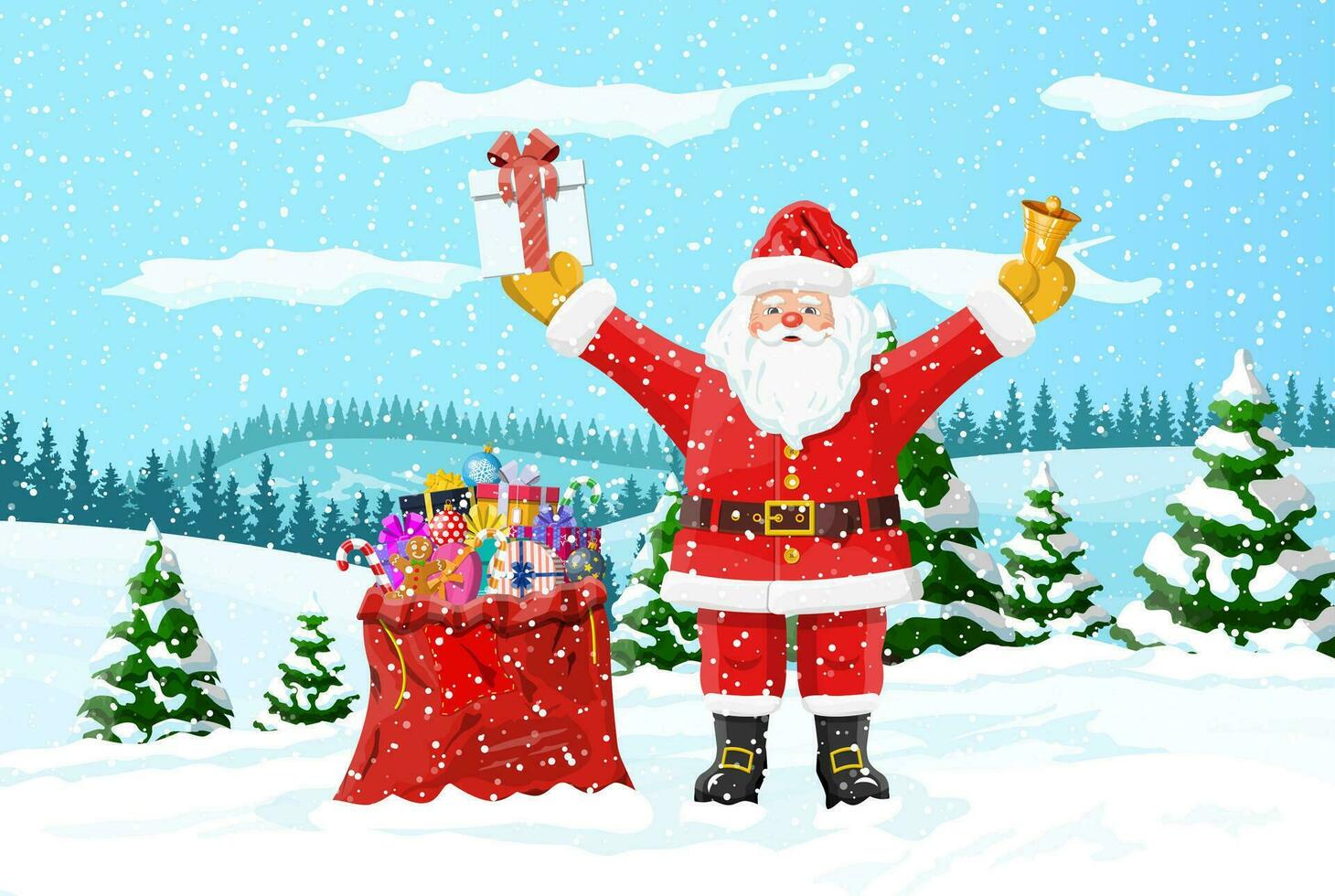 Christmas background. Santa claus with bag with gifts. Winter landscape with fir trees forest and snowing. Happy new year celebration. New year xmas holiday. Vector illustration flat style