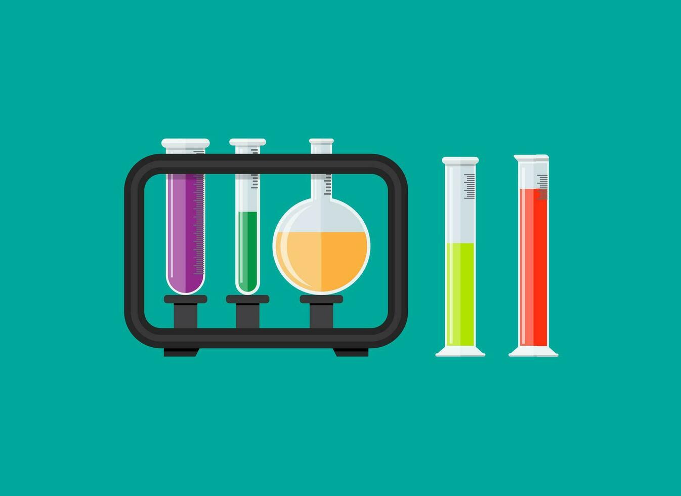 Test glass tubes in rack. Biology science education medical tests. Vector illustration in flat style