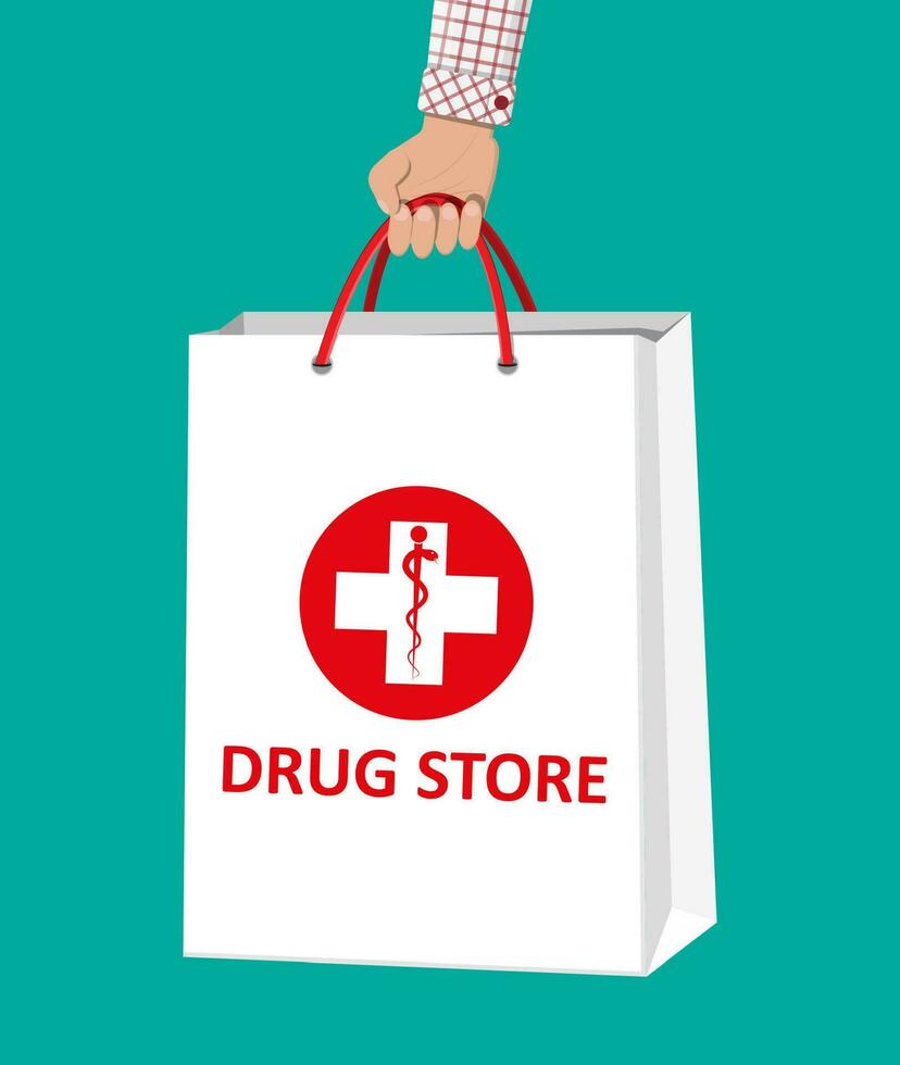 blanco compras bolso para médico pastillas y botellas en mano, cuidado de la salud y compras, farmacia, fármaco almacenar. vector ilustración en plano estilo