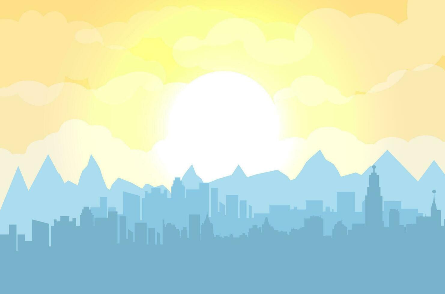 Morning city skyline. Buildings silhouette cityscape with mountains. Big city streets. Fog over city. Yellow sky with sun and clouds. Vector illustration