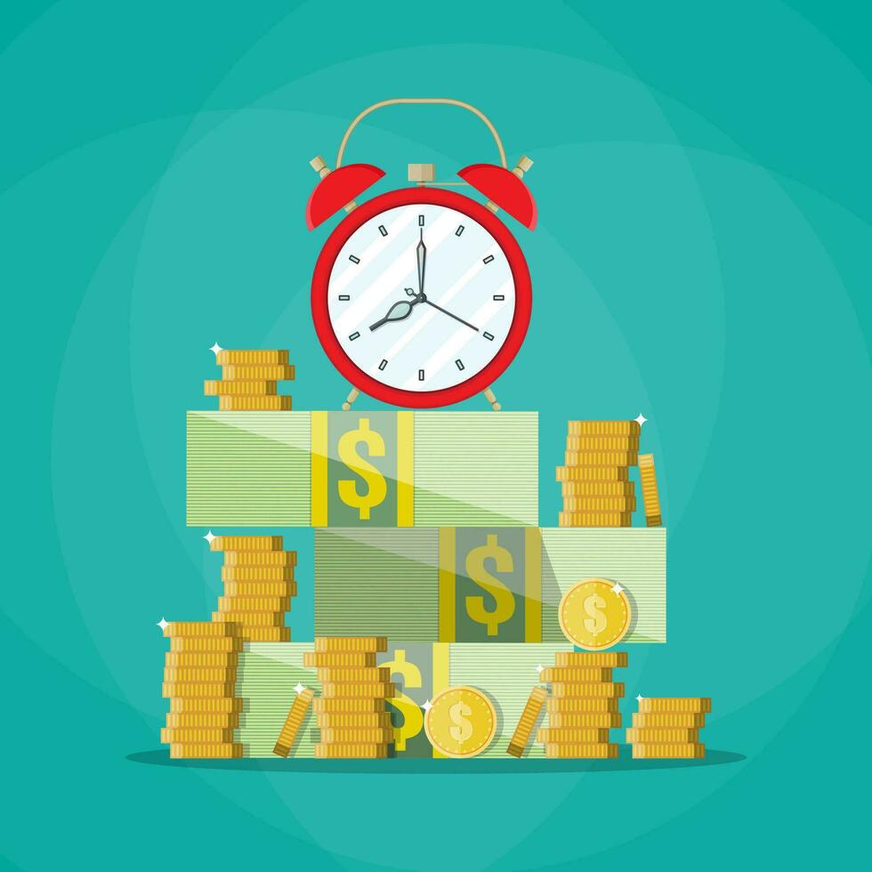 Red alarm clock in a pile of stacked dollar bills and coin. Time is money concept. vector illustration in flat style on green background