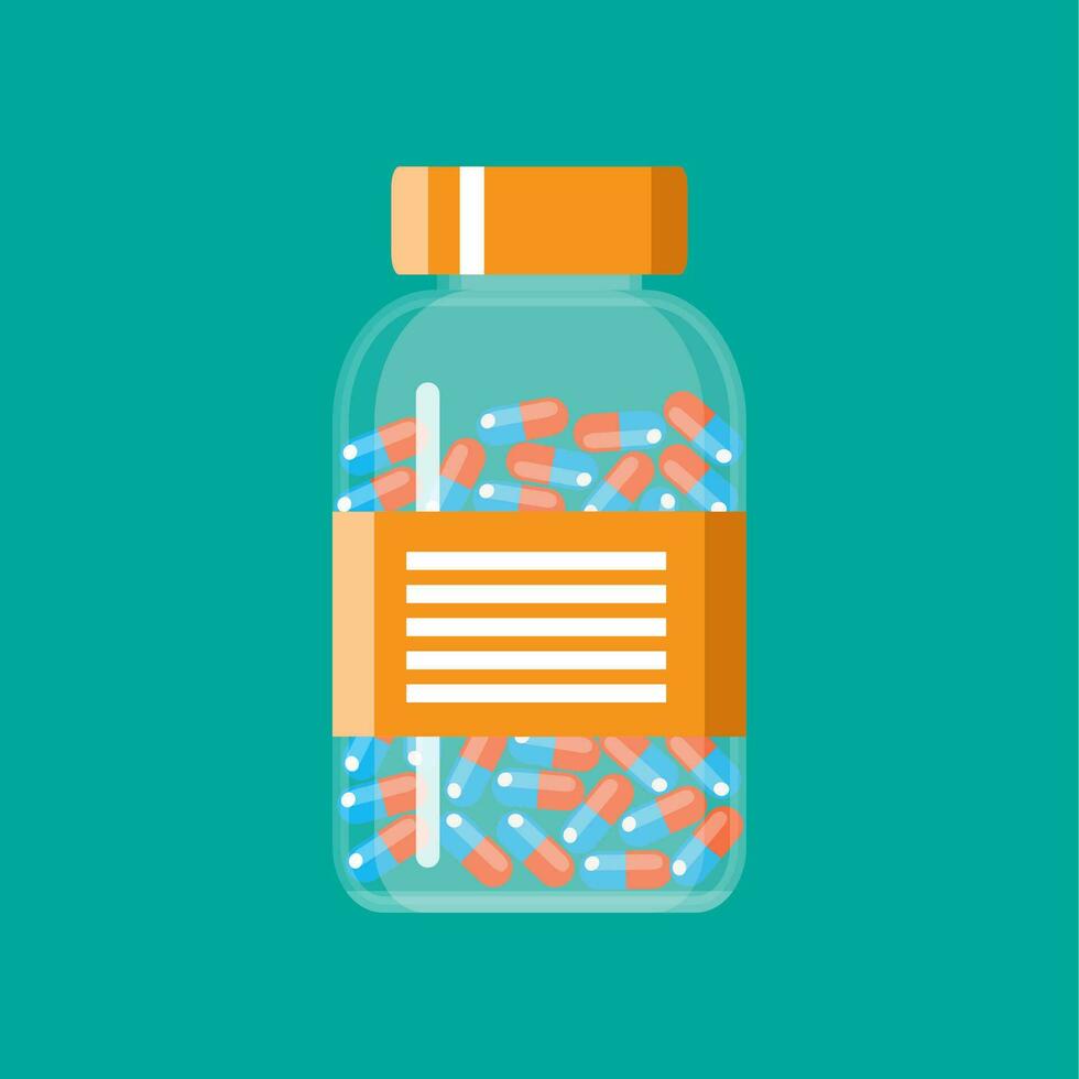 vaso envase con médico pastillas cápsulas vector ilustración en plano estilo