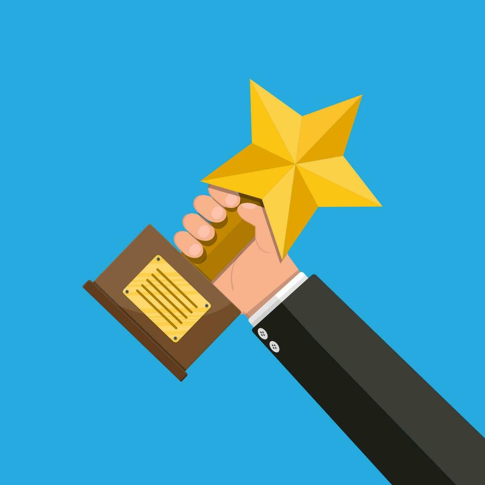 Trophy winner gold cup with wooden base in hand. Star shape. Award, victory, champion achievement. Vector illustration in flat style