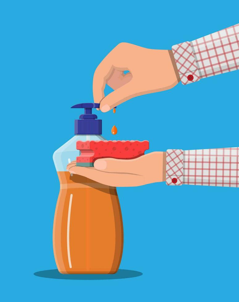 Bottle with dispenser and sponge in hands. Washing sponge. Kitchenware scouring pads. Kitchen and bath cleaning tool accestories. Vector illustration in flat style
