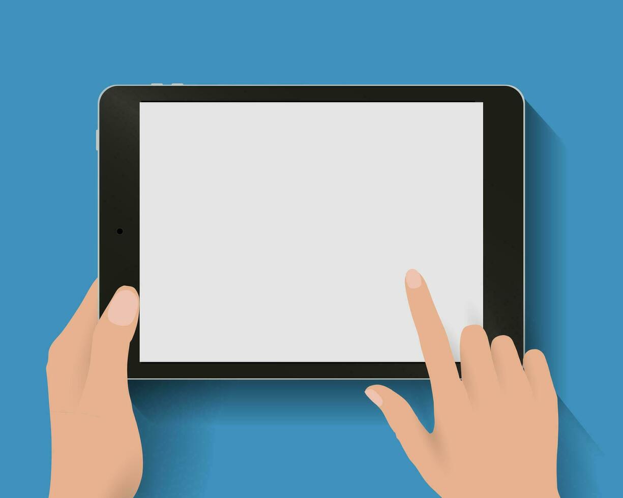Hand touching screen of black tablet computer at blue backgound with shadows. Vector illustration in flat design. Concept for web design, promotion templates, infographics. vector illustration