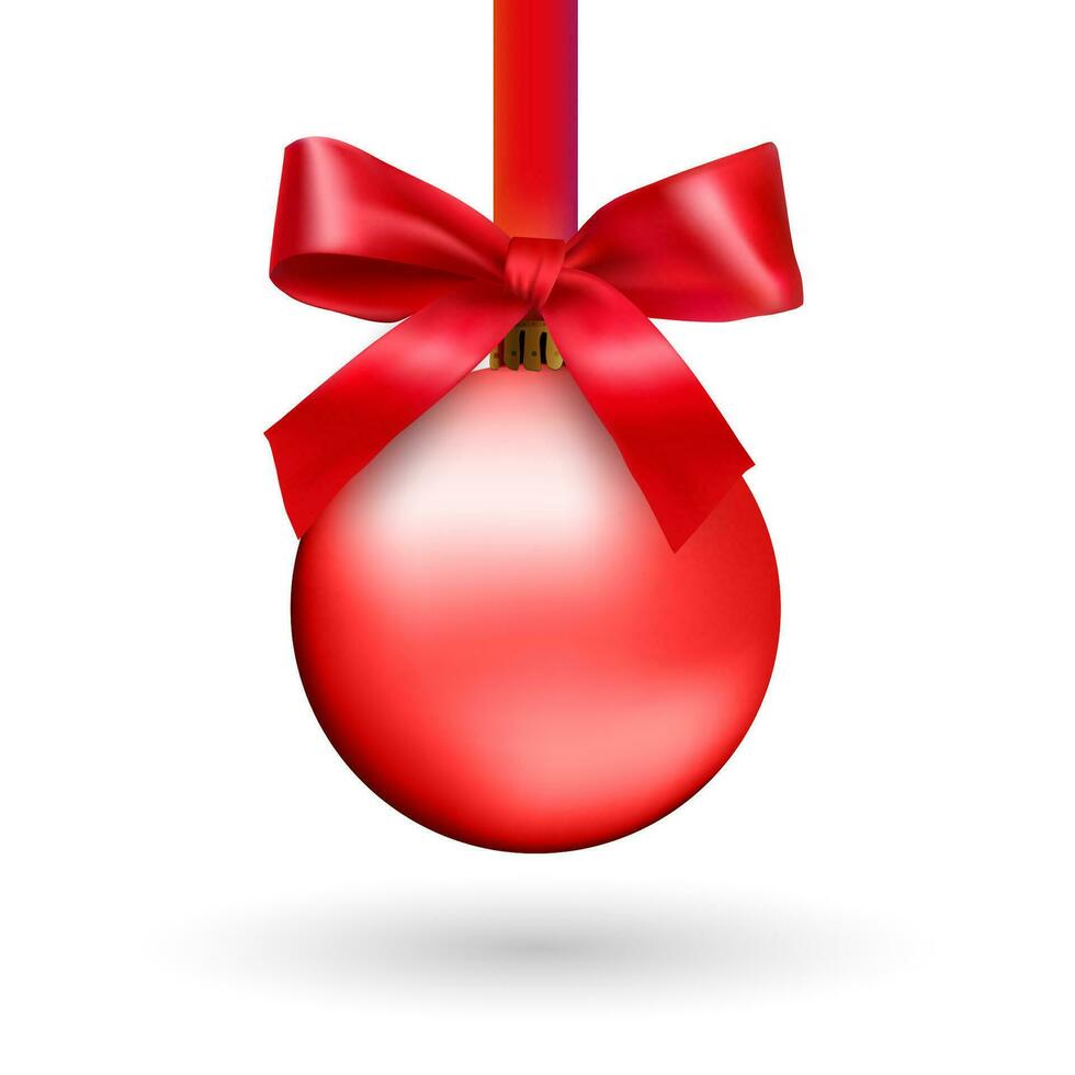Red Christmas ball with ribbon and a bow, isolated on white background. Vector illustration.