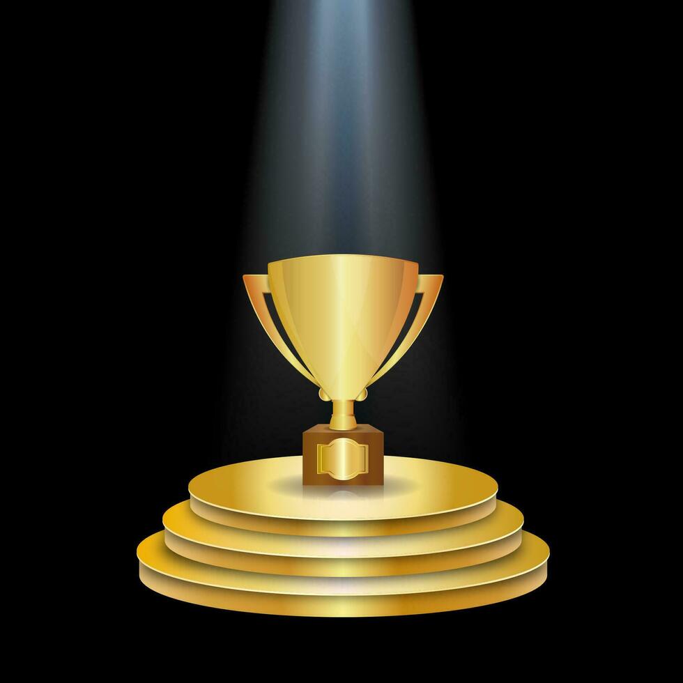 oro ganador podio con trofeo taza y ligero. vector ilustración en negro antecedentes