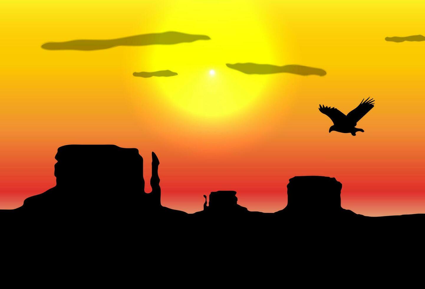 Western desert background. Rocks silhouettes. Sun and flying eagle in the sky. vector illustration