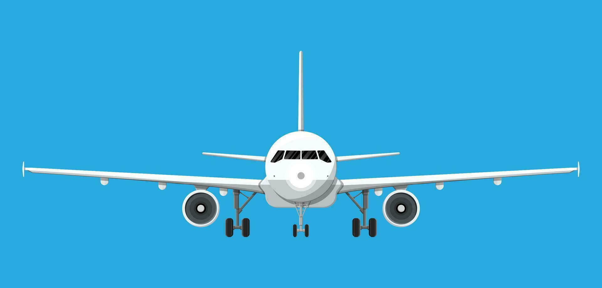 Airplane front view. Passenger or commercial jet isolated on blue. Aircrfat in flat style. Vector illustration