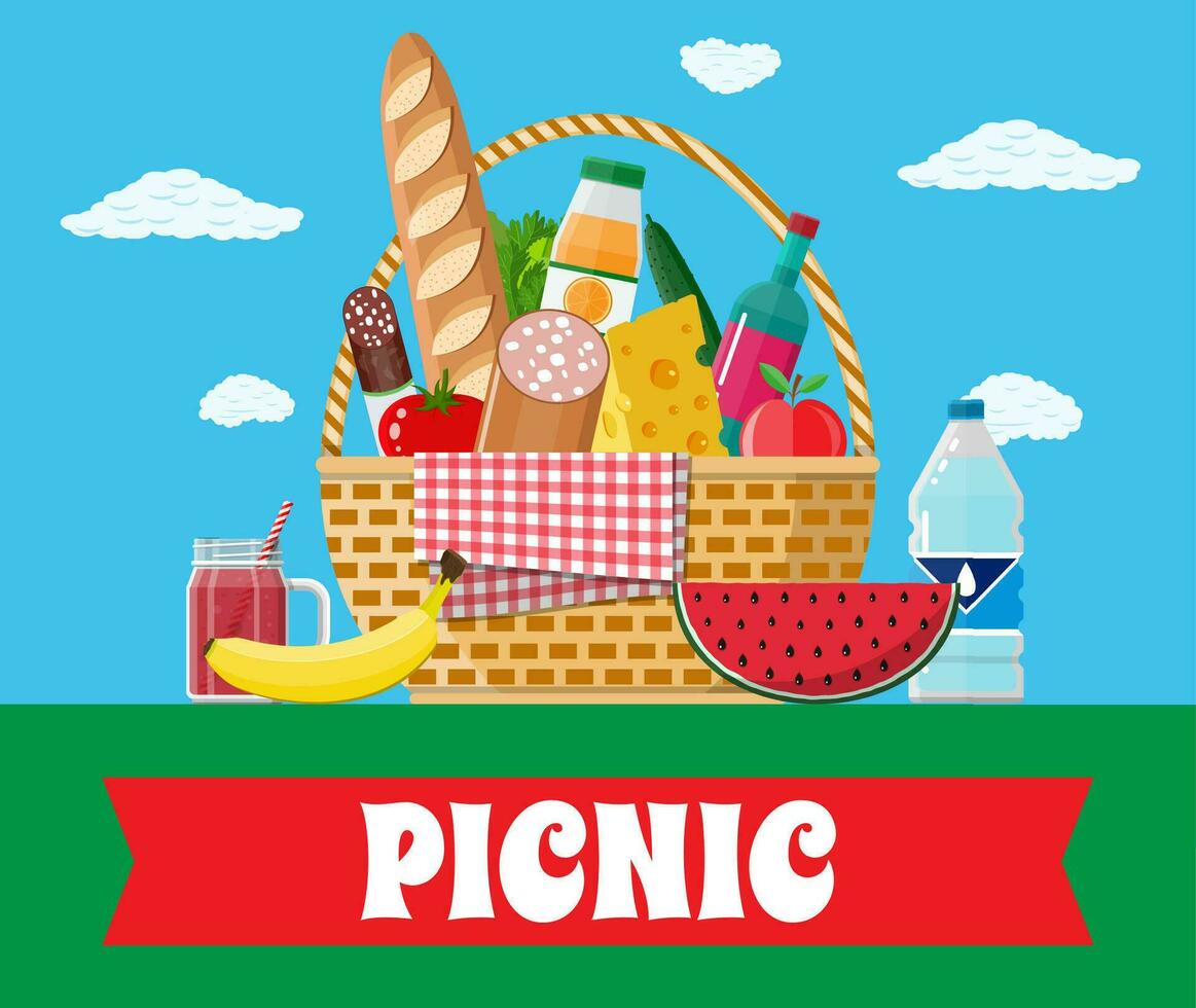 WIcker picnic basket with gingham blanket full of products. Bottle of wine, sausage, bacon, cheese, apple, tomato, cucumber, salad, orange juice. Vector illustration in flat style