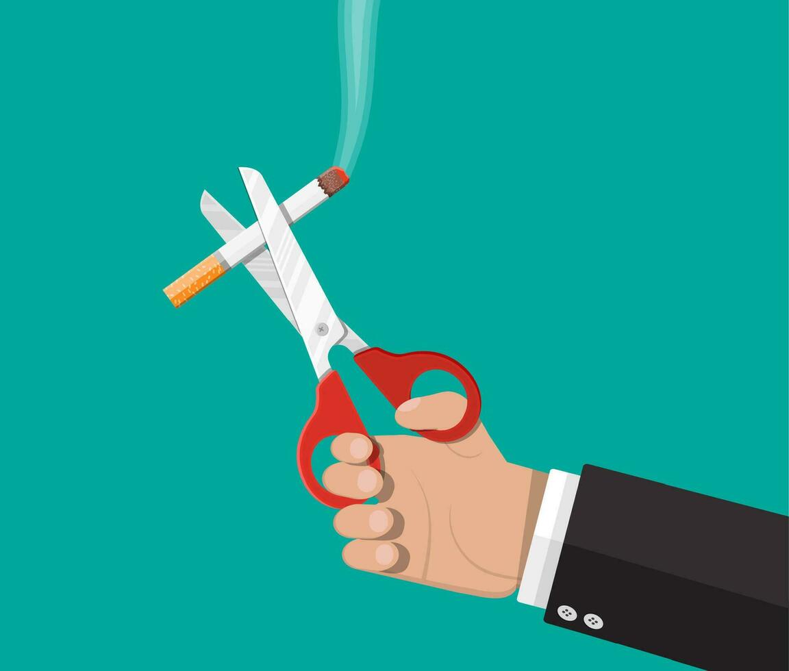 Tobacco abuse concept. Scissors in hand cut a cigarettes. No smoking. Rejection, proposal smoke. Vector illustration in flat style.