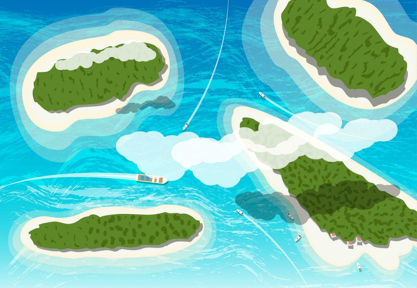 parte superior ver de pocos tropical islas con playas y casas flotante barcos y buques. aéreo vista. nubes y océano. viaje o vacaciones concepto. vector ilustración en plano estilo