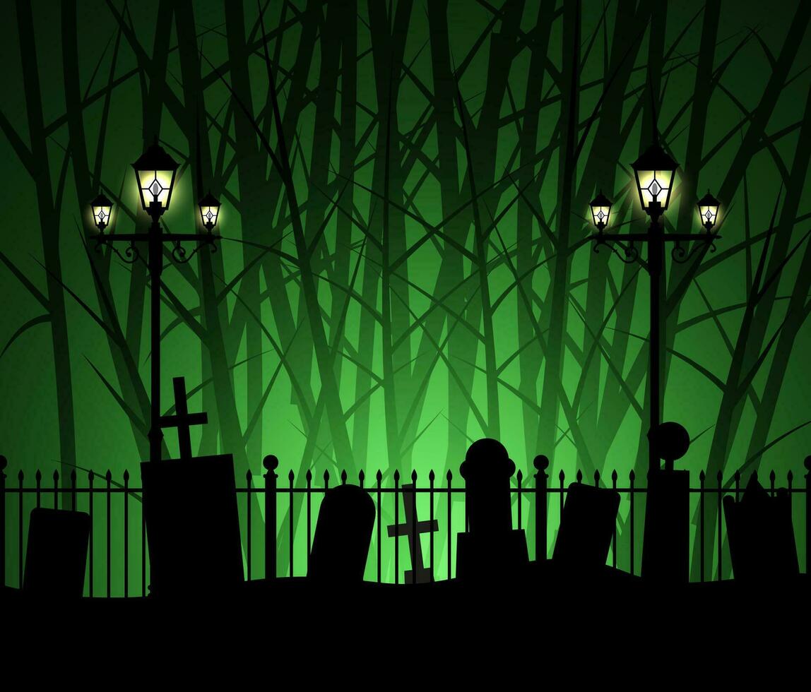 Graveyard cemetery tomb in forest with street lamp, Halloween background, vector illustration