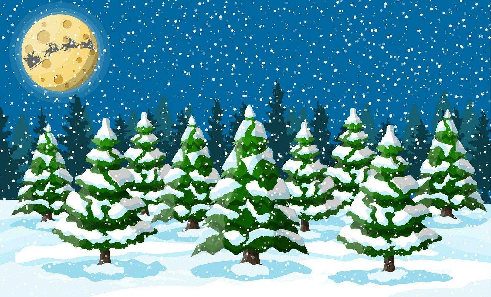 Winter christmas background. Pine tree wood and snow. Winter landscape with fir trees forest and snowing. Happy new year celebration. New year xmas holiday. Vector illustration flat style