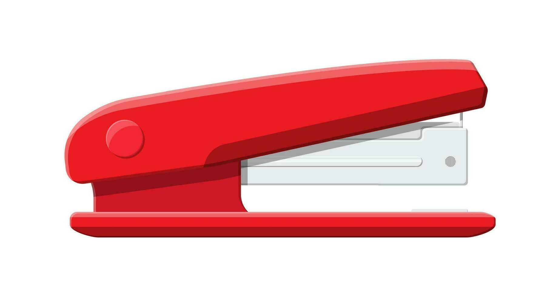 Red plastic stapler. Device for fastening sheets. Office and school equipment, stationery. Vector illustration in flat style