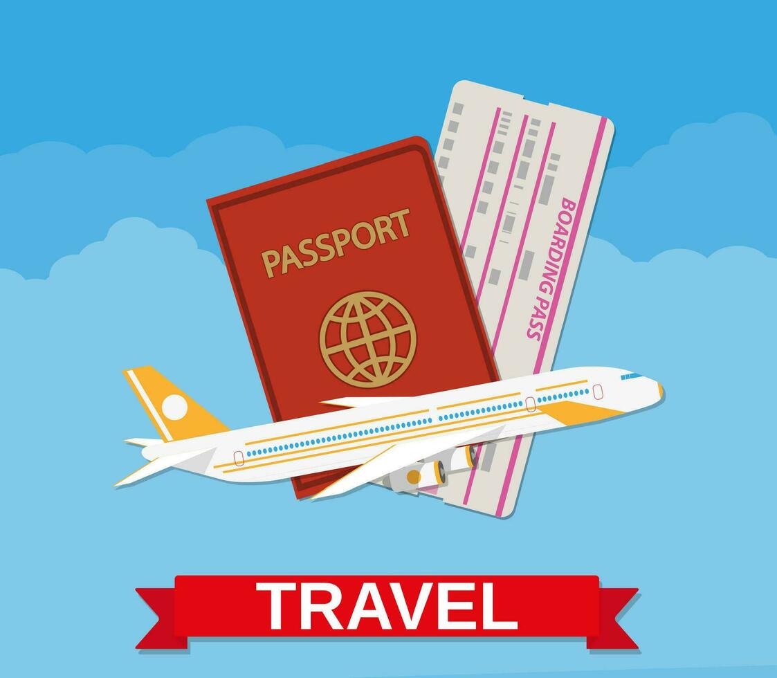 Jet airliner flying, passport, boarding pass ticket in the clouds. travel concept. vector illustration in flat design