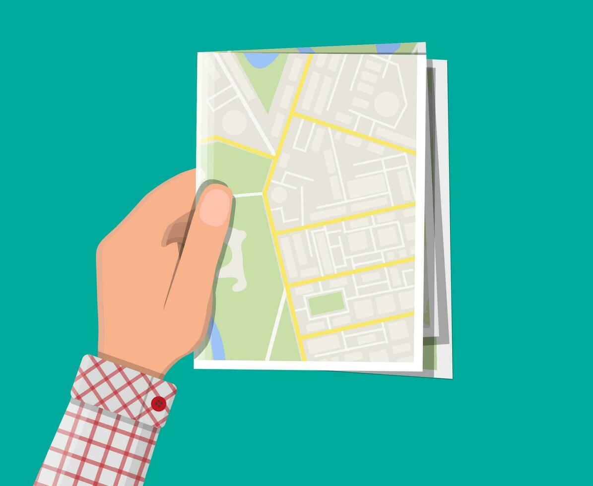 Folded paper city suburban map in hand. Abstract generic map with roads, buildings, parks, river, lake. GPS and navigation. Vector illustration in flat style