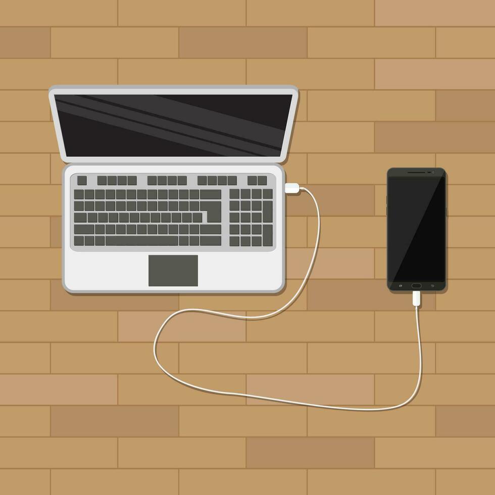 mobile phone plugged and charging from laptop usb port. vector illustration in flat style. wooden background