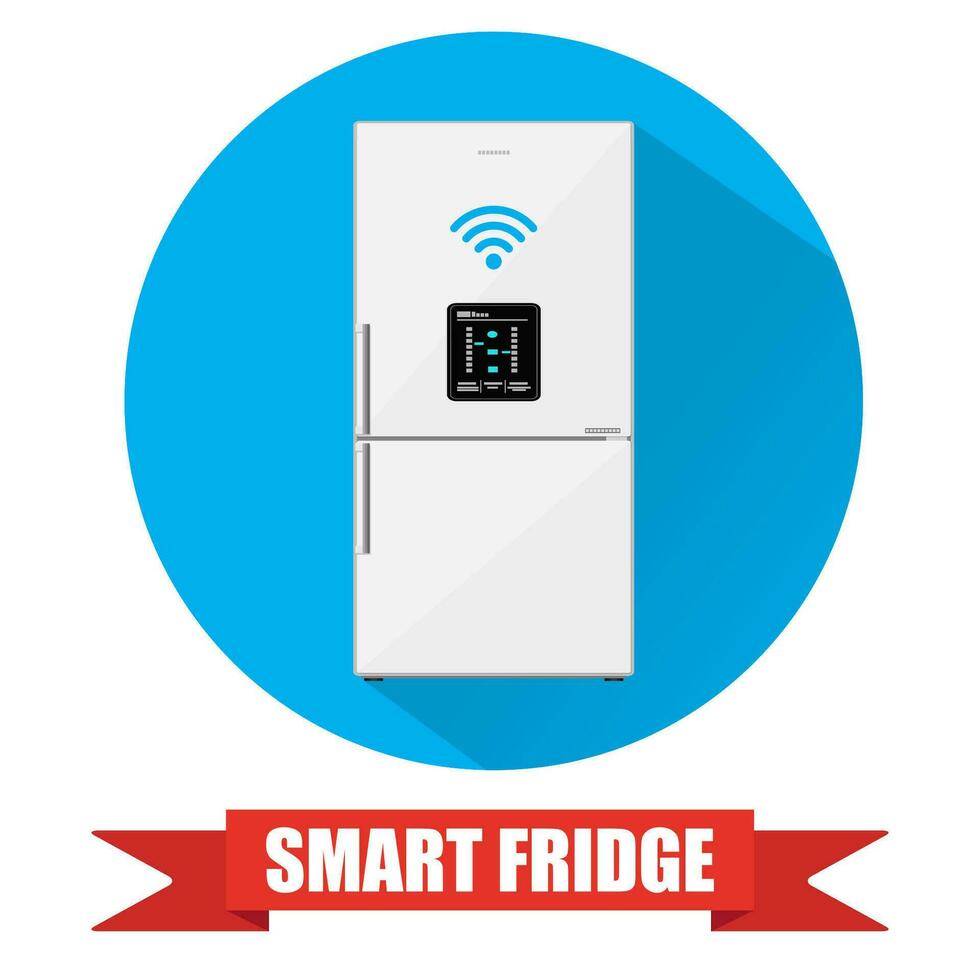 inteligente refrigerador o refrigerador con lcd monitor conectado a Internet por inalámbrico. refrigerador icono con largo sombra. vector ilustración en plano estilo