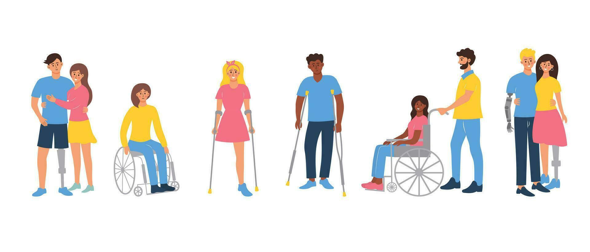 personas con invalidez colocar. hombres y mujer con prótesis y silla de ruedas. caracteres pasando rehabilitación después trauma o accidente. apoyo, especial necesidades, miembro amputación concepto. vector