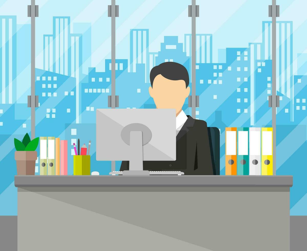 moderno oficina espacio de trabajo hombre de negocios en silla, escritorio, monitor, paisaje urbano antecedentes. vector ilustración en plano estilo