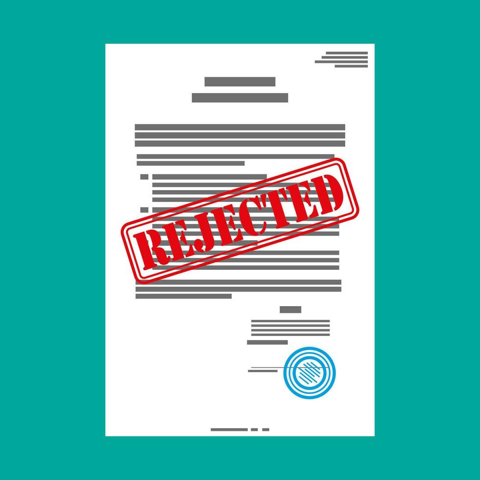 Rejected paper document, red rejected stamp. Vector flat illustration in flat style