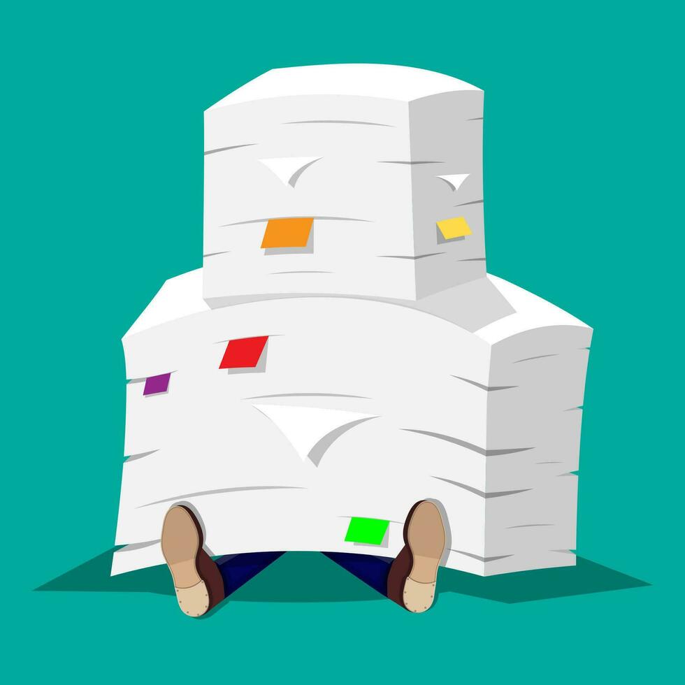 Stressed businessman under pile of office papers and documents. Stress at work. Overworked. File folders. Carton boxes. Bureaucracy, paperwork. Vector illustration in flat style