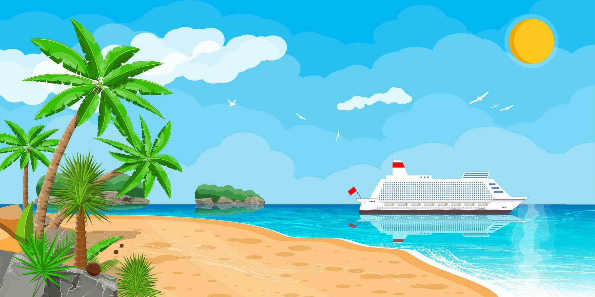 Landscape of islands and beach. Cruise liner ship. Sun with reflection in water and clouds. Day in tropical place. Vector illustration in flat style