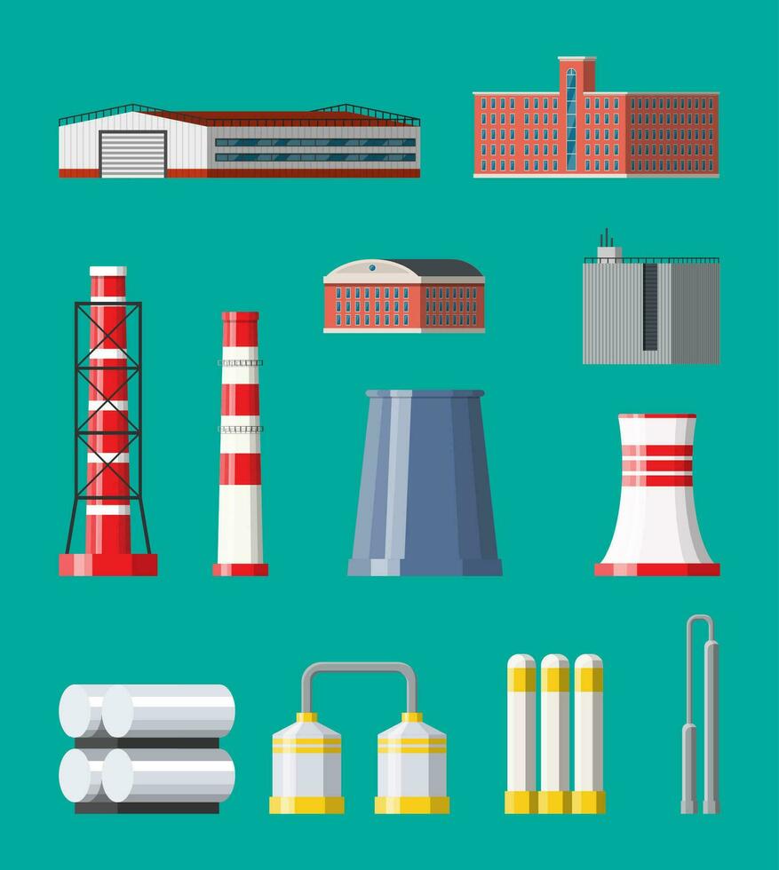 Factory icon set. Industrial factory, power plant. Pipes, buildings, warehouse, storage tank. Vector illustration in flat style